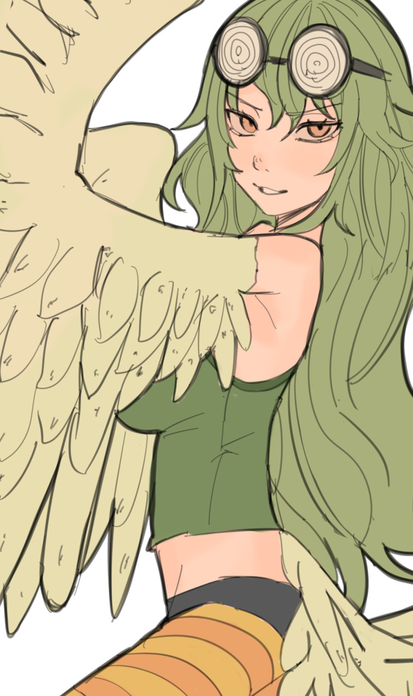 1girl absurdres bird_tail breasts coke-bottle_glasses eyewear_on_head feathered_wings feathers glasses green_feathers green_hair green_tank_top green_wings harpy highres large_breasts long_hair looking_at_viewer midriff monet_(one_piece) monster_girl nebula_flabby one_piece pantyhose simple_background solo striped_clothes striped_pantyhose tail tank_top white_background winged_arms wings yellow_eyes