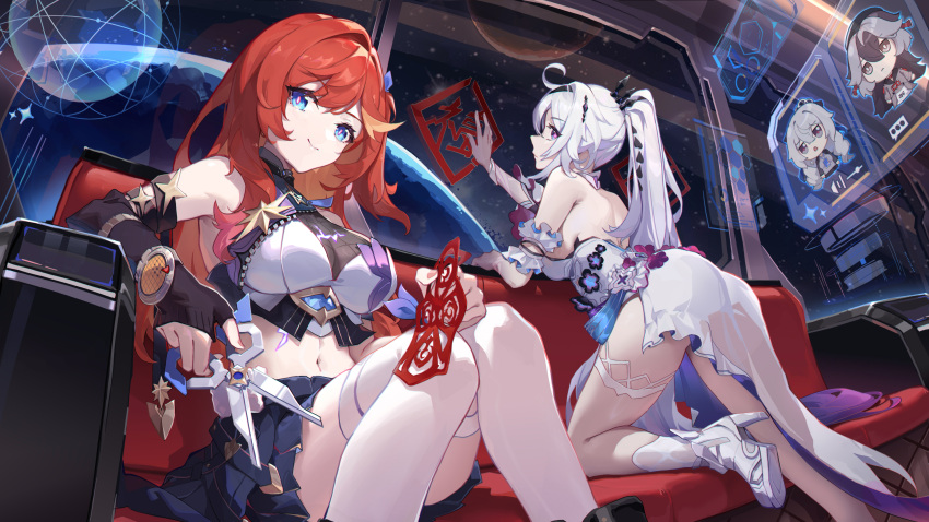 4girls absurdres ahoge asc11 back bare_shoulders black_hair black_headwear blue_eyes bronya_zaychik bronya_zaychik_(silverwing:_n-ex) chibi chinese_commentary coralie_(honkai_impact) couch crown detached_sleeves fingerless_gloves gloves grey_hair high_ponytail highres holding holding_scissors honkai_(series) honkai_impact_3rd indoors jitome kiana_kaslana kiana_kaslana_(herrscher_of_finality) long_hair looking_at_viewer midriff multicolored_hair multiple_girls navel official_alternate_costume on_couch open_mouth red_hair scissors screen second-party_source sitting smile space spacecraft thigh_strap thighhighs white_footwear white_hair white_thighhighs