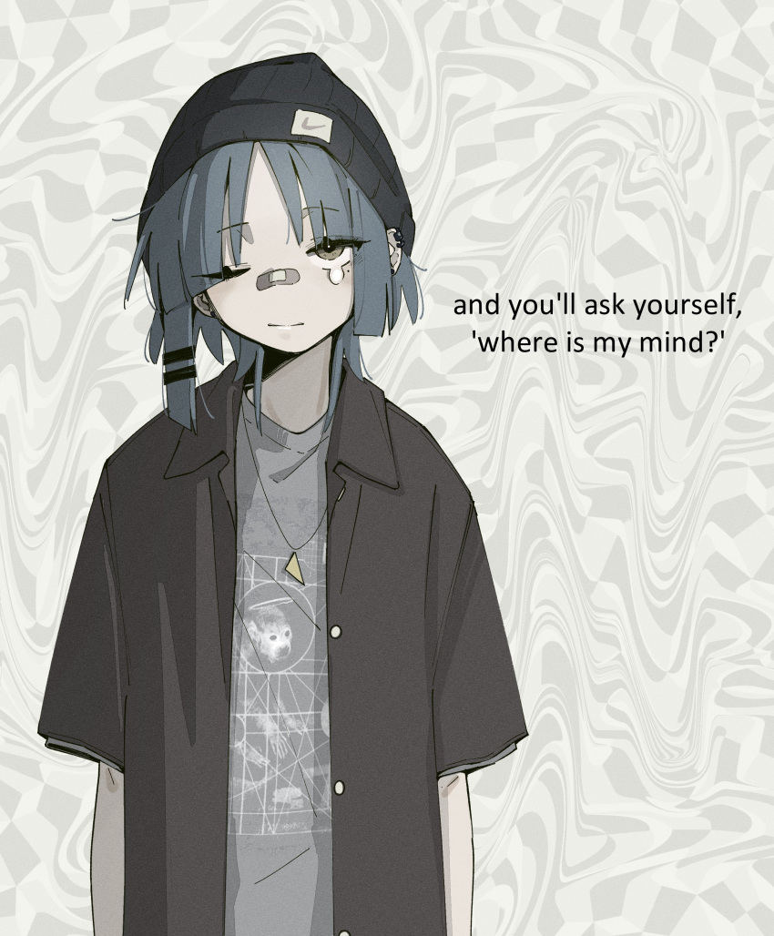 1girl absurdres alternate_costume bandaid bandaid_on_face bandaid_on_nose beanie black_shirt blue_hair bocchi_the_rock! commentary ear_piercing english_commentary english_text grey_eyes grey_shirt hair_ornament hairclip hat highres jewelry lyrics machuuu68 mole mole_under_eye necklace nike_(company) one_eye_closed piercing pixies_(band) shirt solo tears upper_body yamada_ryo