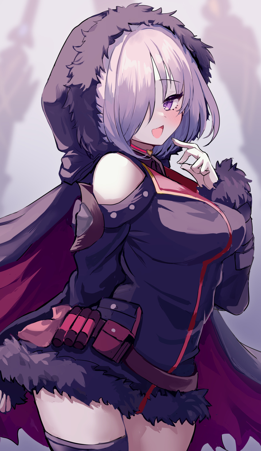 1girl absurdres arm_up belt belt_pouch black_cape blurry blurry_background blush breasts cape choker clothing_cutout cowboy_shot fur-trimmed_hood fur-trimmed_sleeves fur_trim hair_over_one_eye highres hood hood_up hooded_cape karunabaru large_breasts looking_at_viewer loose_belt multicolored_cape multicolored_clothes open_mouth pink_trim pouch purple_eyes shadowverse short_hair shoulder_cutout simple_background smile solo standing thighhighs thighs white_hair wing_collar wizardess_of_oz