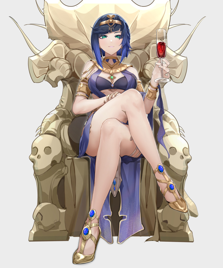 1girl absurdres alcohol alternate_costume armlet bangs blue_dress blue_hair bracer breasts brooch closed_mouth crossed_legs dark_blue_hair dearduam diagonal_bangs dress drink egyptian_clothes full_body genshin_impact glass gold_footwear gold_hairband grey_background highres holding holding_drink jewelry looking_at_viewer medium_breasts neck_ring short_hair simple_background sitting skull smile solo throne wine yelan_(genshin_impact)