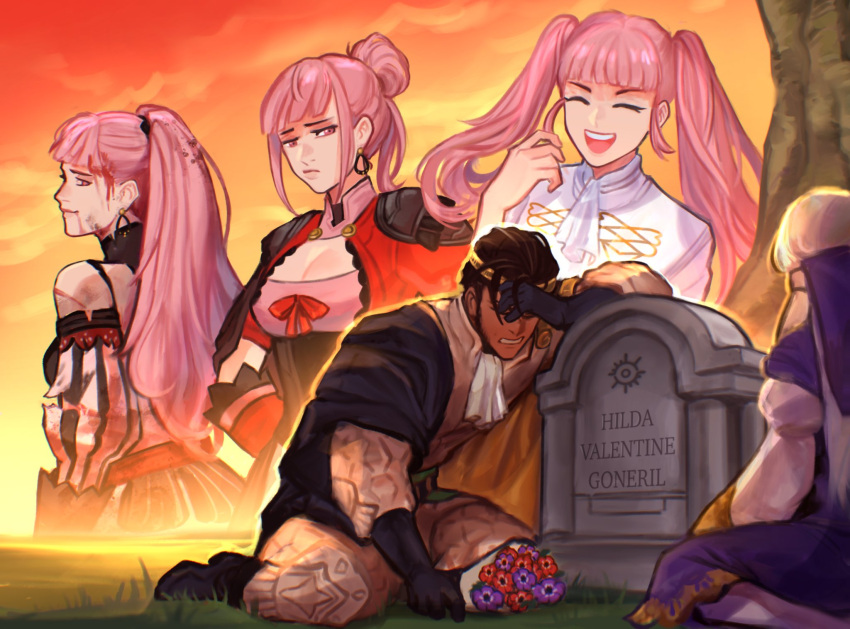 1boy 2girls :d ^_^ ascot bare_shoulders black_cape black_gloves black_hair blunt_bangs bouquet breasts cape claude_von_riegan cleavage closed_eyes commentary detached_sleeves fire_emblem fire_emblem:_three_houses fire_emblem_warriors:_three_hopes flower garreg_mach_monastery_uniform gloves highres hilda_valentine_goneril holding holding_bouquet jacket lysithea_von_ordelia multiple_girls multiple_views open_mouth pants pink_hair ponytail purple_flower red_flower sethkiel sidelocks sitting smile sunset tombstone twintails white_ascot white_hair