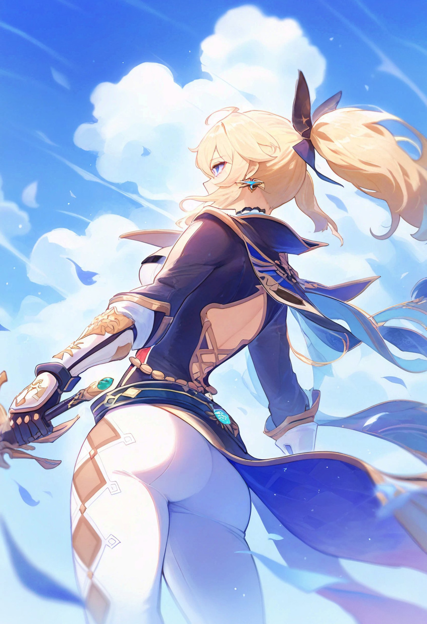 1girl absurdres ass ass_focus blonde_hair blue_eyes blue_sky cloud cloudy_sky favonius_sword_(genshin_impact) finasu from_behind genshin_impact gloves highres holding holding_sword holding_weapon jean_(genshin_impact) long_hair pants ponytail sky solo sword tight_clothes tight_pants vision_(genshin_impact) weapon white_pants