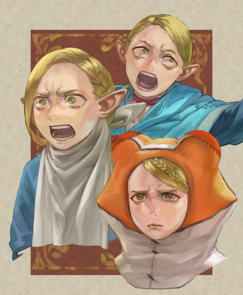 1girl absurdres bib blonde_hair blue_capelet braid capelet choker dungeon_meshi elf green_eyes highres hood hooded_capelet marcille_donato multiple_braids multiple_views open_mouth orange_headwear pointy_ears red_choker yomoyama_yotabanashi