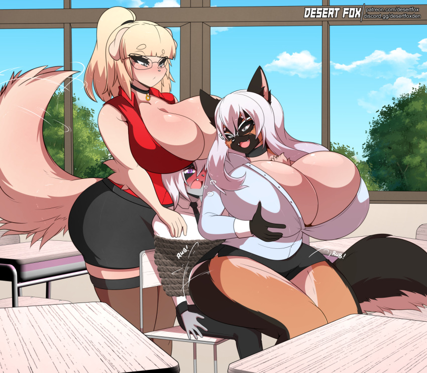 anthro anthro_on_anthro anthro_penetrated anthro_penetrating anthro_penetrating_anthro bdsm big_breasts bondage bound breasts canid canine canis classroom cleavage clothed clothing domestic_cat domestic_dog dominant dominant_female felid feline felis female female_penetrated group hi_res huge_breasts male male/female male_penetrating male_penetrating_female mammal penetration questionable_consent rope sagestrike2_(artist) school sex trio window