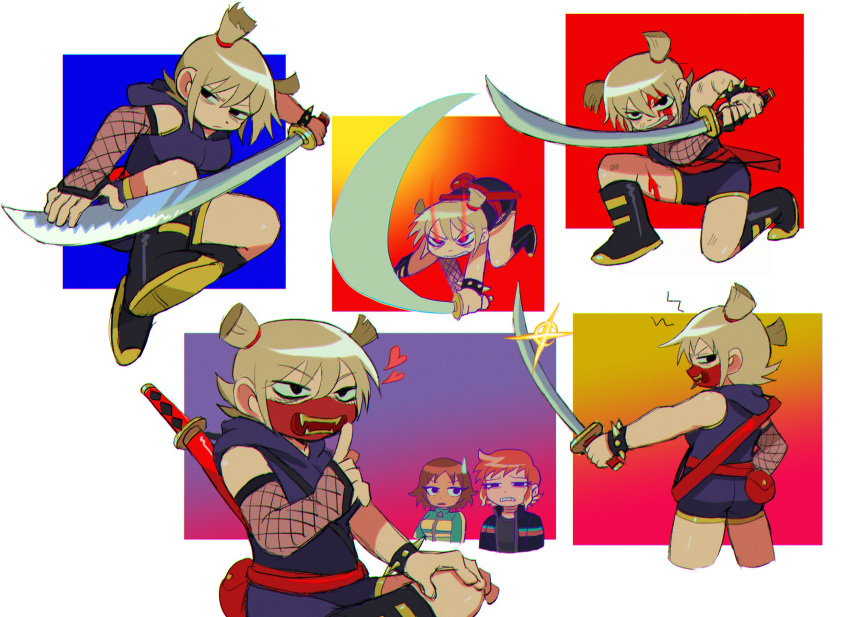 3girls attack black_eyes black_jacket blonde_hair blood blood_on_face bracelet brown_hair clenched_teeth commentary cuts detached_sleeves finger_to_mouth fishnet_sleeves flaming_eye guruo_(gur_sp) heart highres holding holding_sword holding_weapon hood hoodie index_finger_raised injury jacket jewelry kim_pine multiple_girls on_one_knee pouch ramona_flowers red_hair roxanne_richter scott_pilgrim_(series) scott_pilgrim_takes_off serious sheath sheathed short_twintails single_detached_sleeve sleeveless sleeveless_hoodie spiked_bracelet spikes sweatdrop sword teeth twintails weapon yuri