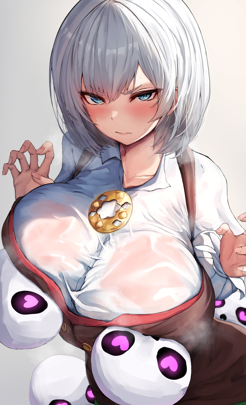 1girl absurdres akershus_fortress_(oshiro_project) black_dress blue_eyes blush breasts closed_mouth collared_shirt dress floating_skull grey_hair hands_up heart heart-shaped_eyes highres huge_breasts long_sleeves looking_at_viewer looking_up oshiro_project:re puffy_long_sleeves puffy_sleeves shirt short_hair skull sleeveless sleeveless_dress solo steam steaming_body tiri_man wet wet_clothes wet_shirt white_shirt