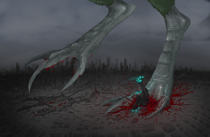 anthro avian blood bodily_fluids city city_background city_crushing city_destruction cityscape crush death dominant dominant_male duo feet felid female foot_fetish foot_on_back footprint gore grotesque_death hi_res killing larger_male macro male male/female mammal pawpads paws reaching reaching_up role_reversal size_difference slimy-tongues smaller_female stepped_on stomped stomping violence
