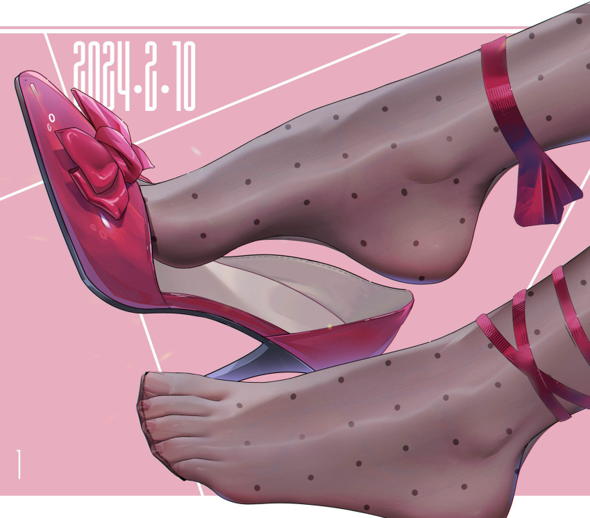 1girl ankle_ribbon black_pantyhose close-up feet foot_focus high_heels highres leg_ribbon open_mouth pantyhose pink_background polka_dot polka_dot_pantyhose qizhu red_footwear red_ribbon ribbon shoe_dangle shoes single_shoe solo toenails toes two-tone_background white_background