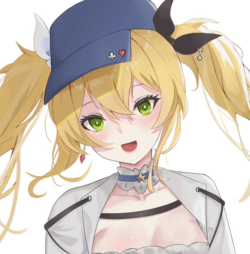 1girl absurdres blonde_hair blue_headwear breasts choker cleavage dokibird_(vtuber) earrings english_commentary eyelashes frilled_choker frills green_eyes hat highres indie_virtual_youtuber jacket jewelry light_blush long_hair looking_at_viewer open_clothes open_jacket open_mouth portrait smile solo twintails virtual_youtuber zeroalka