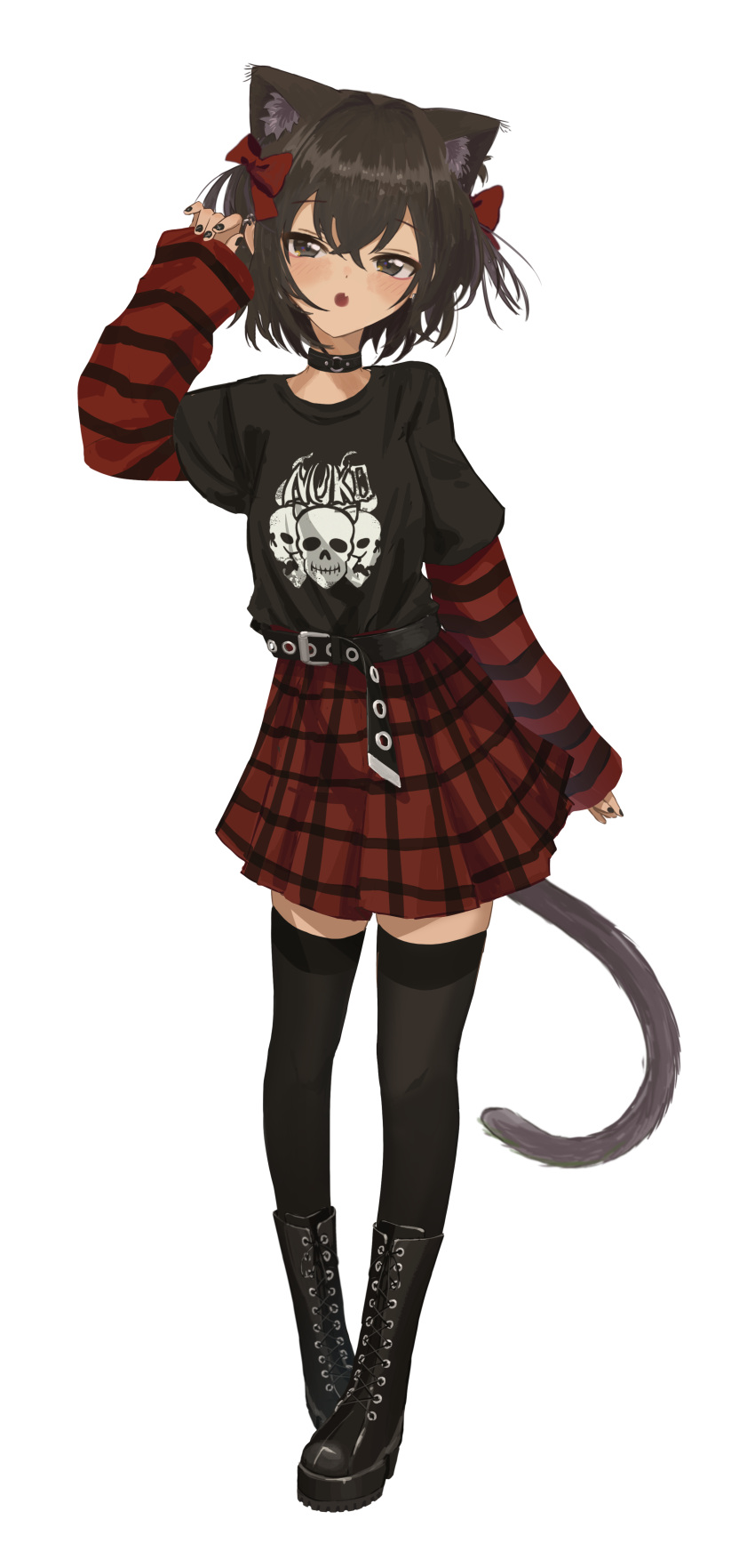 1girl absurdres animal_ears black_nails black_shirt black_thighhighs brown_eyes brown_fur brown_hair cat_ears cat_girl cat_tail full_body highres kgt_(pixiv12957613) long_hair long_sleeves looking_at_viewer open_mouth original red_skirt shirt simple_background skirt sleeves_past_wrists solo standing tail thighhighs white_background