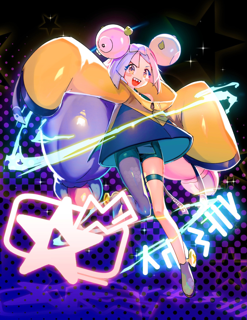 1girl :d =_(9_yawbus) asymmetrical_legwear blue_hair blush_stickers floating full_body gradient_background highres iono_(pokemon) jumping knees_together_feet_apart leg_up multicolored_hair open_mouth pink_hair pokemon sharp_teeth sleeves_past_fingers sleeves_past_wrists smile solo sparkle star_(symbol) teeth three_quarter_view twintails two-tone_hair upper_teeth_only