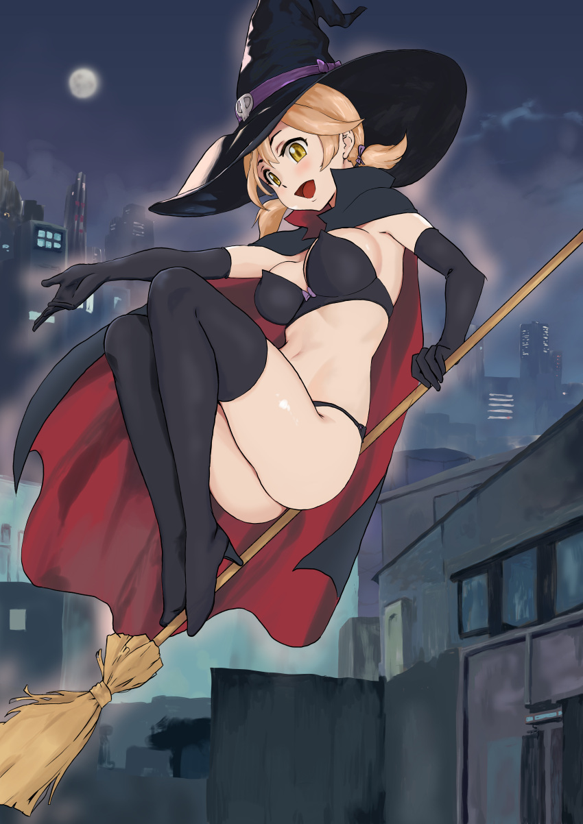 1girl :d absurdres bikini black_bikini black_cape black_footwear black_gloves black_headwear black_thighhighs blonde_hair bow bow_bikini broom building cape cityscape commentary_request elbow_gloves full_body full_moon gloves hair_bow hat hat_ornament high_heels highres holding holding_broom moon night night_sky open_mouth original outdoors pomerachi purple_bow red_cape skull_hat_ornament sky skyscraper smile solo swimsuit thighhighs tongue twintails witch witch_hat