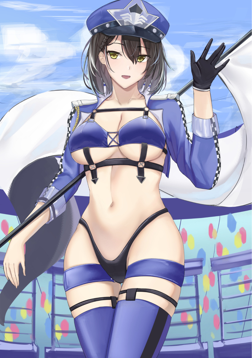 1girl azur_lane baltimore_(azur_lane) baltimore_(finish_line_flagbearer)_(azur_lane) bangs bikini black_bikini blue_bikini blue_footwear blue_headwear blue_jacket blue_shorts blue_sky boots braid breasts brown_hair chest_harness choker cleavage cloud collarbone commentary cowboy_shot cropped_jacket day flag french_braid gloves groin hair_between_eyes hand_up harness hat highleg highleg_bikini highres holding holding_pole jacket looking_at_viewer medium_breasts micro_shorts mismatched_bikini navel official_alternate_costume open_clothes open_jacket open_mouth peaked_cap pole race_queen ref_(pmxt4483) short_hair shorts sidelocks single_glove skindentation sky solo standing stomach swimsuit thigh_boots underbust yellow_eyes