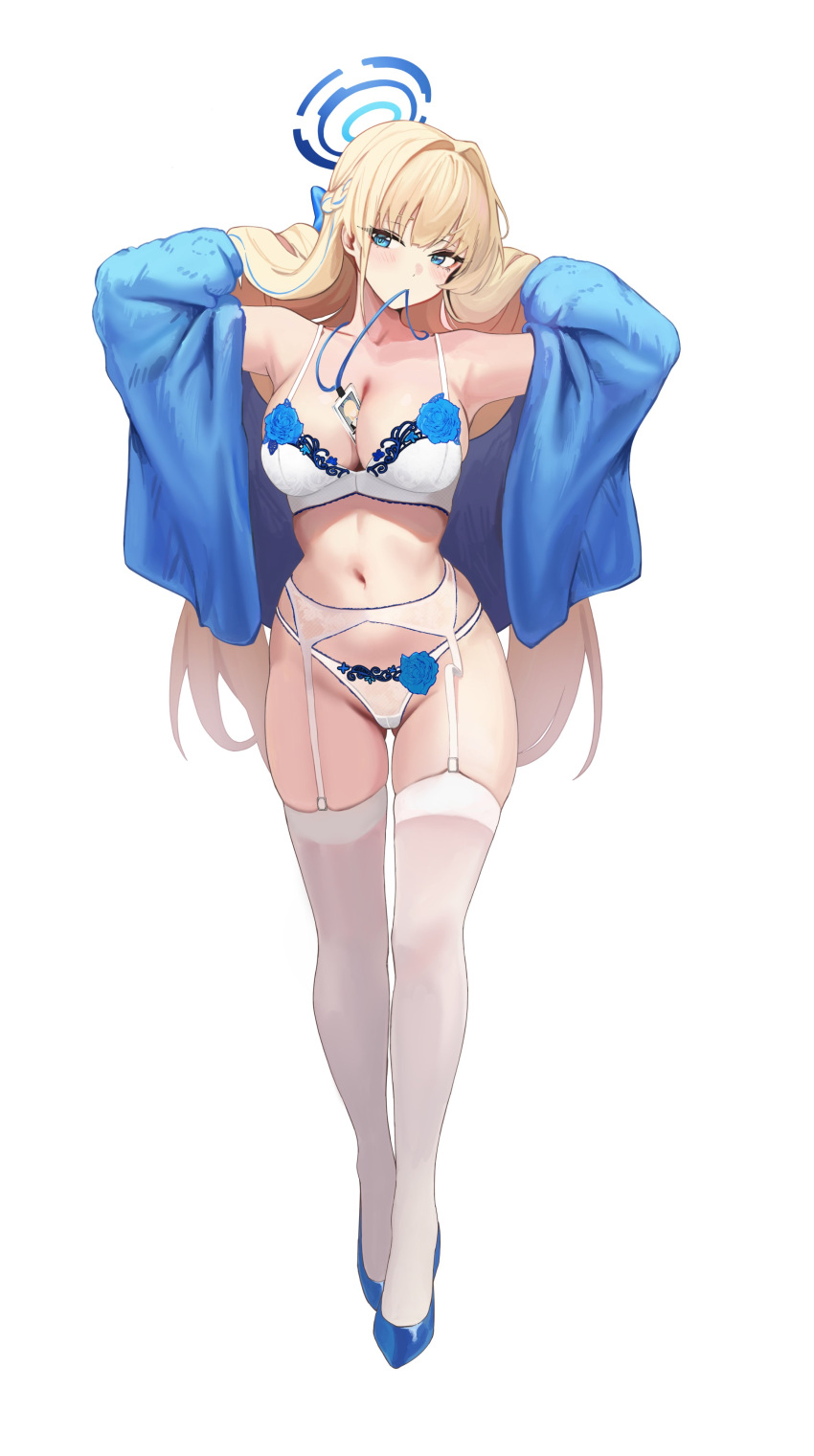 1girl absurdres adjusting_hair alternate_costume armpits arms_up ass_visible_through_thighs bare_shoulders between_breasts blonde_hair blue_archive blue_eyes blue_flower blue_footwear blue_halo blue_jacket blue_rose blush bra breasts cleavage closed_mouth floral_print flower full_body garter_belt garter_straps hair_intakes halo high_heels highres id_card jacket large_breasts lingerie long_hair long_sleeves looking_at_viewer lucifer_liyen midriff mouth_hold navel open_clothes open_jacket panties presenting_armpit rose rose_print shiny_skin simple_background skindentation solo standing stomach thighhighs toki_(blue_archive) underwear very_long_hair white_background white_bra white_panties white_thighhighs