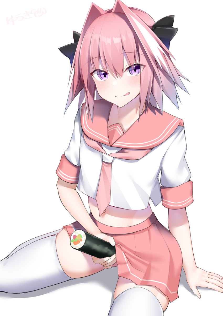 1boy astolfo_(fate) astolfo_(sailor_paladin)_(fate) crop_top crossdressing fate/grand_order fate_(series) food from_above hair_intakes highres kitajima_yuuki kneeling looking_at_viewer makizushi male_focus navel otoko_no_ko pink_hair pink_sailor_collar pink_skirt pleated_skirt purple_eyes sailor_collar sexually_suggestive skindentation skirt solo spread_legs sushi thighhighs thighs tongue tongue_out white_background white_thighhighs zettai_ryouiki