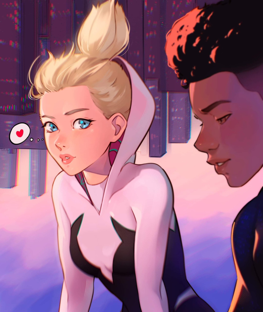 1boy 1girl afro animification black_bodysuit blonde_hair blue_eyes bodysuit breasts cesar_art456 dark-skinned_male dark_skin english_commentary fade_(haircut) floating_hair gwen_stacy hair_behind_ear highres hood hooded_bodysuit looking_down looking_to_the_side marvel miles_morales parted_lips pink_lips shirt small_breasts spider-gwen spider-man:_across_the_spider-verse spider-man_(miles_morales) spider-man_(series) spider-verse superhero upside-down white_bodysuit white_shirt