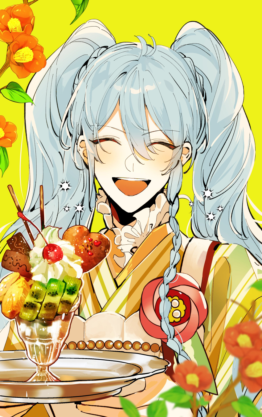 1boy absurdres alternate_costume blue_hair braid closed_eyes eichi_turnr ensemble_stars! facing_viewer flower green_kimono hibiki_wataru highres holding holding_tray japanese_clothes kimono long_hair male_focus open_mouth red_flower shirt smile solo sparkle tray twintails white_shirt yellow_background