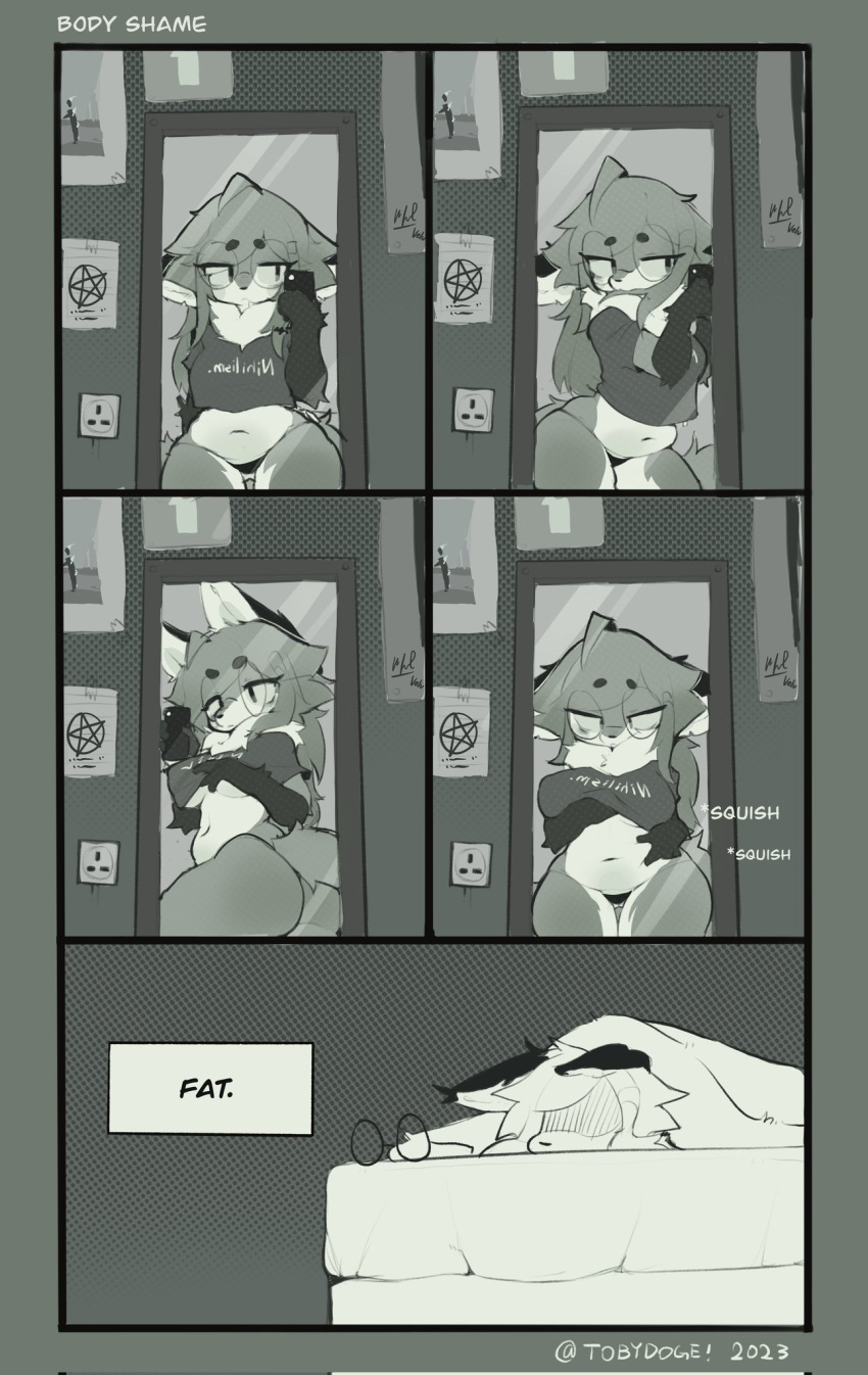 anthro big_breasts black_clothing black_panties black_underwear breasts bushberry_(tobydoge) canid canine clothing comic english_text eyelashes eyewear female fox glasses greyscale hi_res holding_breast inside mammal mirror monochrome navel panties pose selfie sleeping slightly_chubby solo squish text thick_thighs tobydoge under_boob underwear wide_hips