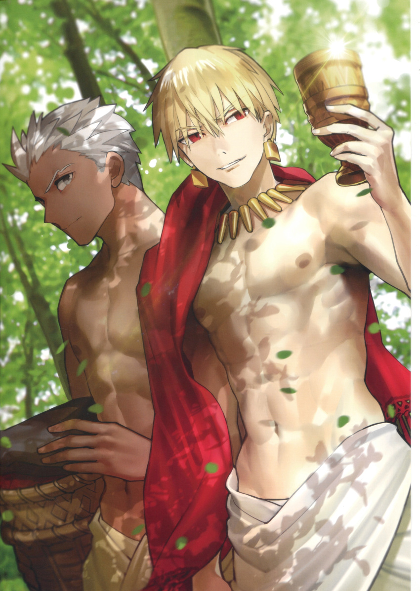 2boys absurdres archer_(fate) blonde_hair cup fate/extella fate/extra fate/extra_ccc fate_(series) gilgamesh_(fate) highres multiple_boys non-web_source official_art wada_arco white_hair