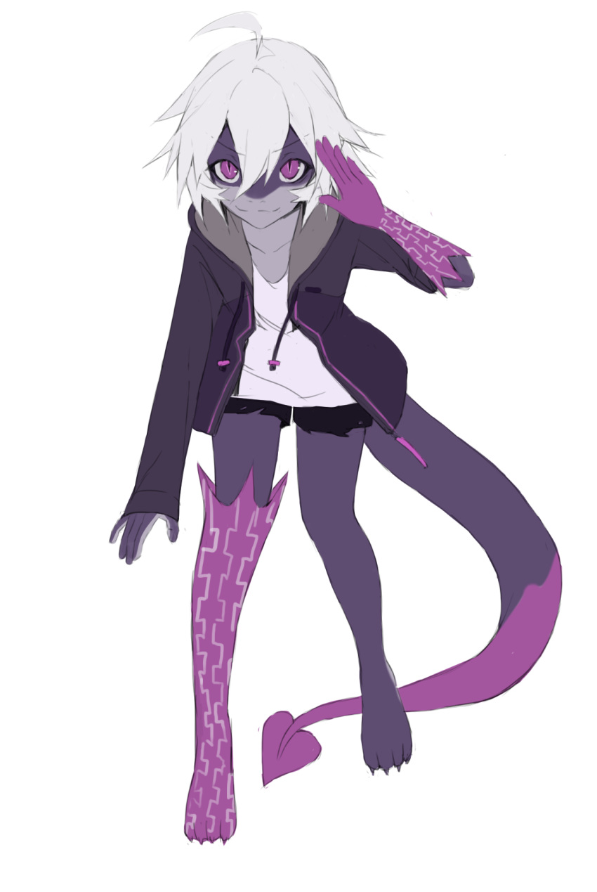 2019 anthro clothed clothing countershading digital_media_(artwork) dragon errai_(character) full-length_portrait fully_clothed grey_body grey_countershading grey_skin hair hi_res jacket looking_at_viewer male pink_body pink_skin pink_tail portrait purple_body purple_clothing purple_eyes purple_jacket purple_skin purple_tail purple_topwear rofortyseven shirt simple_background smile solo spade_tail standing tail topwear two_tone_tail white_background white_clothing white_hair white_shirt white_topwear