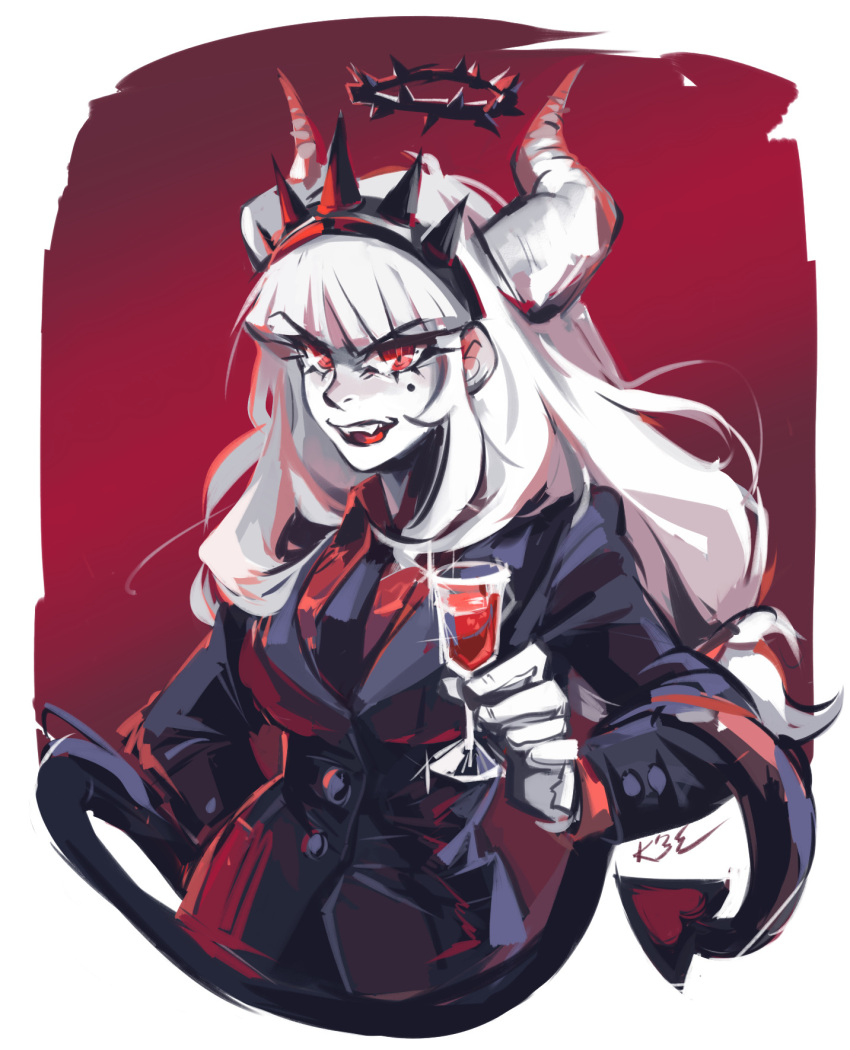 1girl crown_of_thorns cup demon_girl demon_horns demon_tail formal helltaker highres holding holding_cup horns looking_at_viewer lucifer_(helltaker) rejected3faq solo suit tail white_hair