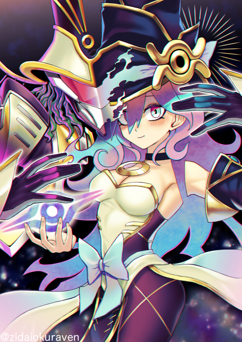 1boy 1girl armor bare_shoulders black_gloves blue_bow blue_eyes blue_hair bow breasts cleavage detached_sleeves duel_monster eye_of_horus gloves gradient_hair hands_up hat highres long_hair mask multicolored_hair nightmare_apprentice nightmare_magician pantyhose purple_hair shoulder_armor twitter_username yu-gi-oh! zidai_okuraven