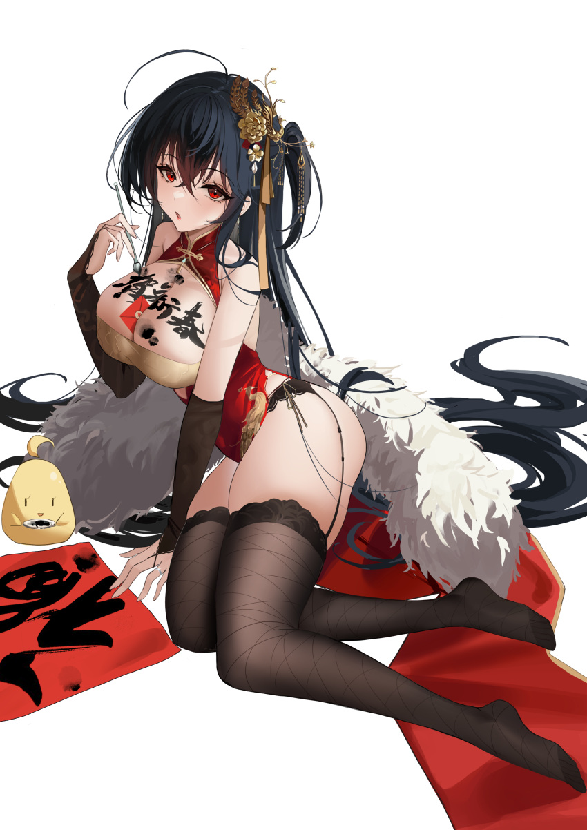 1girl absurdres ahoge awwwwys azur_lane bare_shoulders between_breasts black_hair body_writing breasts bridal_gauntlets calligraphy calligraphy_brush china_dress chinese_clothes chinese_new_year cleavage cleavage_cutout clothing_cutout crossed_bangs dress fishnets garter_belt hair_ornament highres holding holding_brush holding_calligraphy_brush hongbao huge_breasts ink lace-trimmed_thighhighs large_breasts long_hair manjuu_(azur_lane) no_shoes official_alternate_costume one_side_up paintbrush pelvic_curtain red_dress sleeveless sleeveless_dress taihou_(azur_lane) taihou_(phoenix's_spring_song)_(azur_lane) white_background