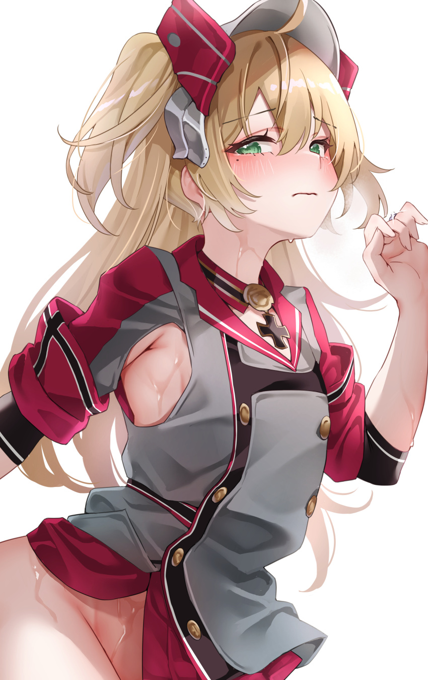 1girl absurdres admiral_hipper_(azur_lane) ahoge armpit_cutout armpits azur_lane blonde_hair blush bottomless breasts choker classic_(zildjian33) closed_mouth clothing_cutout commentary_request cross dress embarrassed flag_print green_eyes grey_dress hand_up headgear highres iron_blood_(emblem) iron_cross jewelry long_hair looking_at_viewer mole mole_under_eye multicolored_clothes multicolored_dress no_panties nose_blush red_dress ring side_cutout small_breasts solo sweat two-tone_dress two_side_up upper_body wet white_background