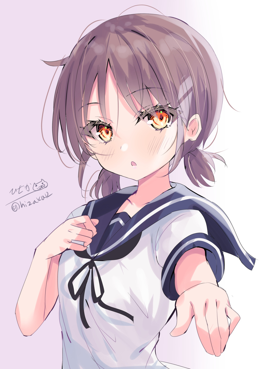 1girl absurdres artist_logo black_neckerchief blue_sailor_collar brown_hair chestnut_mouth gradient_background grey_background highres hizaka kantai_collection low_twintails neckerchief one-hour_drawing_challenge red_eyes sailor_collar sailor_shirt school_uniform serafuku shirayuki_(kancolle) shirt short_hair solo twintails upper_body white_shirt