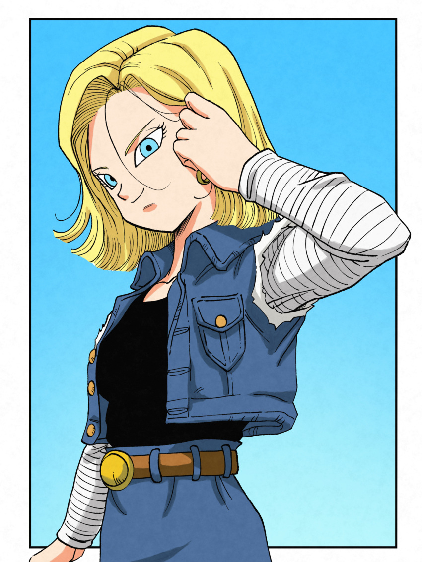 1girl absurdres android_18 aqua_eyes arm_up belt blonde_hair brown_belt collarbone commentary dragon_ball dragon_ball_z english_commentary highres iamthetrev jacket long_sleeves looking_at_viewer solo striped_sleeves torn torn_clothes torn_jacket vertical-striped_sleeves white_sleeves