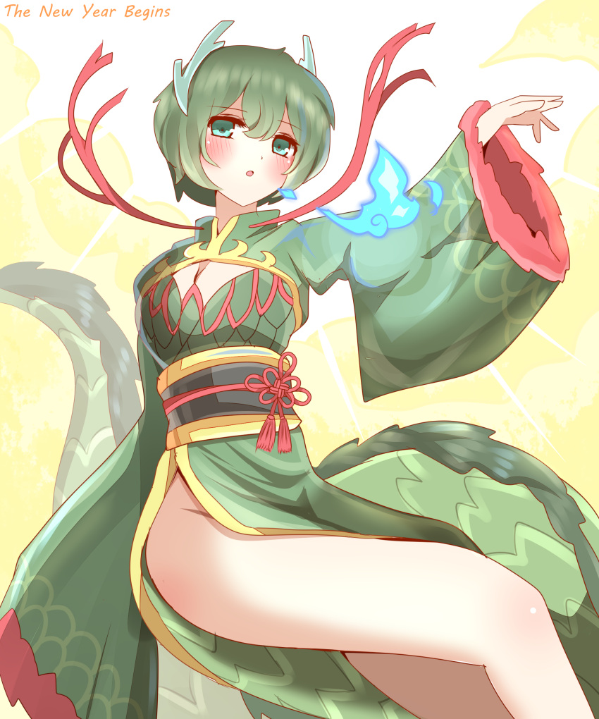 1girl :o absurdres blue_fire blush breasts breathing_fire chinese_zodiac cleavage cleavage_cutout clothing_cutout commentary_request dragon_girl dragon_horns dragon_tail dress english_text feet_out_of_frame fire green_dress hair_between_eyes highres horns long_sleeves medium_breasts non_(wednesday-classic) obi original parted_lips sash solo tail white_background wide_sleeves year_of_the_dragon