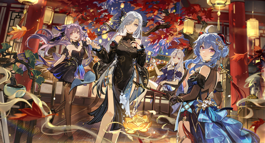 4girls ahoge architecture arm_behind_head autumn_leaves bare_shoulders black_dress black_sleeves blue_hair brown_pantyhose chair closed_mouth cloud_retainer_(genshin_impact) commentary cone_hair_bun crossed_legs cup detached_sleeves dress east_asian_architecture fireworks from_behind ganyu_(genshin_impact) ganyu_(twilight_blossom)_(genshin_impact) genshin_impact grey_eyes grey_hair hair_bun hair_ornament hair_over_one_eye highres holding holding_cup keqing_(genshin_impact) keqing_(opulent_splendor)_(genshin_impact) lantern long_hair looking_at_viewer looking_back mento multiple_girls ningguang_(genshin_impact) ningguang_(orchid's_evening_gown)_(genshin_impact) official_alternate_costume open_mouth pantyhose pillar plant potted_plant purple_eyes red_eyes shenhe_(frostflower_dew)_(genshin_impact) shenhe_(genshin_impact) sitting sleeveless sleeveless_dress smile strapless strapless_dress tassel tassel_hair_ornament tree xianyun_(genshin_impact)