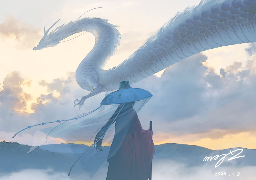 1girl ambiguous_gender black_hair cane chinese_zodiac cloud cloudy_sky dated dragon eastern_dragon floating_clothes floating_hair fog from_side gradient_sky hat highres holding holding_cane long_hair long_sleeves mogumo morning mountainous_horizon nature original outdoors red_robe ribbon robe see-through_veil signature sky twilight veil very_long_hair wide_sleeves year_of_the_dragon