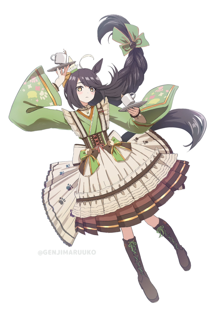 1girl ahoge animal_ears black_hair blush boots coffee_cup corset cross-laced_footwear cup disposable_cup ear_covers full_body green_kimono highres holding holding_saucer horse_ears horse_girl japanese_clothes kimono lace-up_boots long_bangs long_hair long_sleeves looking_at_viewer mafty maid manhattan_cafe_(umamusume) manhattan_cafe_(verdant_night)_(umamusume) official_alternate_costume official_alternate_hairstyle saucer simple_background single_ear_cover solo twitter_username umamusume wa_maid white_background white_hair yellow_eyes