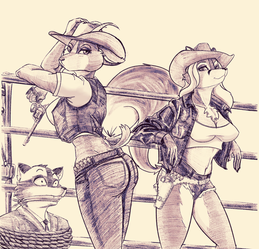 absurd_res anthro belt bottomwear bovid breasts canid canine caprine cleavage clothed clothing country country_girl cowboy_hat cowgirl_outfit denim denim_bottomwear denim_clothing fox francisthefurry goat group gun handgun hat headgear headwear hi_res humanoid kristina_(francisthefurry) lauren_(francisthefurry) leather leather_clothing mammal outlaw procyonid raccoon ranged_weapon revolver sketch tight_bottomwear tight_clothing trio weapon western