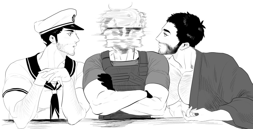 3boys afterimage bara beard_stubble blush boy_sandwich chris_redfield clone confused crossed_arms eriurias73 facial_hair hat highres large_pectorals leon_s._kennedy looking_at_another male_focus mature_male meme motion_blur multiple_boys parody pectoral_cleavage pectorals sailor sailor_hat sandwiched short_hair stubble the_weaker_sex_1_(gibson) thick_eyebrows upper_body yaoi