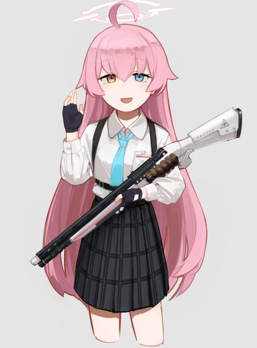 1girl :d absurdres ahoge beretta_1301 black_skirt blue_archive blue_eyes blue_necktie collared_shirt fingerless_gloves gloves grey_background gun hair_between_eyes hair_flaps halo hand_up heterochromia highres holding holding_gun holding_weapon hoshino_(blue_archive) long_hair necktie open_mouth pink_hair pink_halo plaid plaid_skirt rampart1028 shirt shotgun shotgun_shell sidelocks skirt smile solo very_long_hair weapon white_shirt yellow_eyes