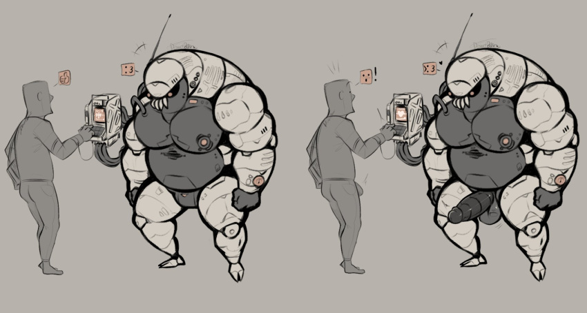 &lt;3 anthro arthropod balls big_balls big_nipples big_pecs big_penis charging crustacean duo erection genitals grey_body hi_res human human_on_anthro interspecies isopoda larger_anthro larger_male looking_pleasured machine malacostracan male male/male mammal marine metal_penis multicolored_body musclegut muscular muscular_anthro muscular_male nipples nude pecs penis pure_command robophilia robot size_difference smaller_human smaller_male surprised_expression white_body