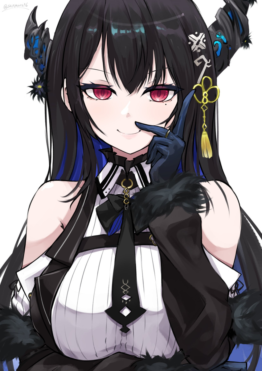 1girl asymmetrical_horns bare_shoulders black_hair blue_hair colored_inner_hair demon_horns gloves hair_ornament highres hololive hololive_english horns jewelry kuro_(be_ok) long_hair looking_at_viewer mole mole_under_eye multicolored_hair nerissa_ravencroft nerissa_ravencroft_(1st_costume) red_eyes ring simple_background smile solo two-tone_hair uneven_horns upper_body very_long_hair virtual_youtuber white_background