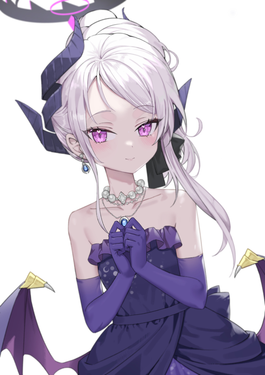 1girl black_horns blue_archive blush closed_mouth dangle_earrings demon_horns demon_wings dress earrings elbow_gloves gloves halo highres hina_(blue_archive) hina_(dress)_(blue_archive) horns jaeyun jewelry long_hair multiple_horns necklace official_alternate_costume official_alternate_hairstyle pendant purple_dress purple_eyes purple_gloves purple_wings simple_background smile solo strapless strapless_dress upper_body white_background white_hair wings