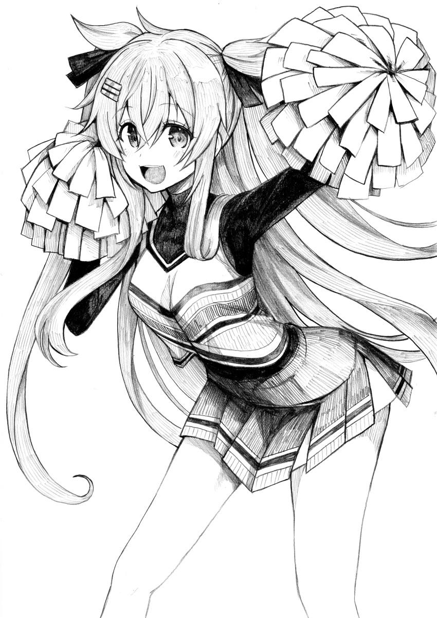 1girl absurdres alternate_costume feet_out_of_frame greyscale hair_ornament hairclip highres holding holding_pom_poms kantai_collection leaning_forward long_sleeves monochrome murasame_(kancolle) murasame_kai_ni_(kancolle) open_mouth pleated_skirt pom_pom_(cheerleading) skirt smile solo standing tsuji_kazuho two_side_up