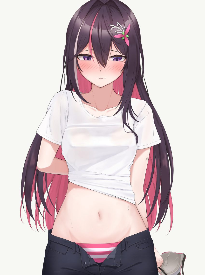 1girl absurdres azki_(hololive) bikini black_hair breasts clothes_pull colored_inner_hair covered_nipples highres hololive hololive_summer_2023_swimsuit long_hair medium_breasts micon midriff mole mole_under_eye multicolored_hair navel partially_unzipped pink_hair purple_eyes shirt shirt_pull solo stomach striped_bikini striped_clothes sweat swimsuit swimsuit_under_clothes unworn_bikini_top virtual_youtuber white_shirt