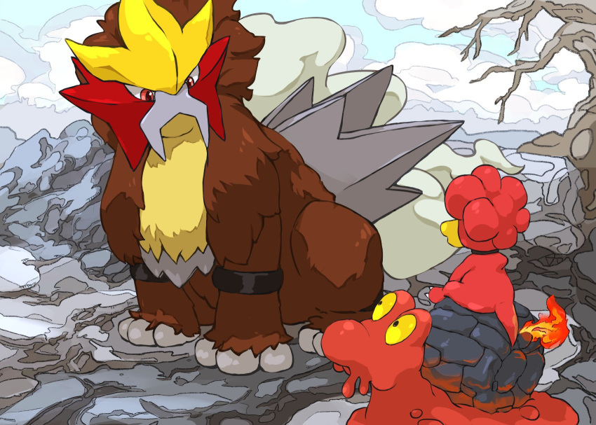 aomon_(yuuji7604) bare_tree black_eyes cloud colored_sclera commentary day entei flame-tipped_tail highres looking_at_another magby magcargo no_humans outdoors pokemon pokemon_(creature) red_eyes rock sitting tree yellow_sclera