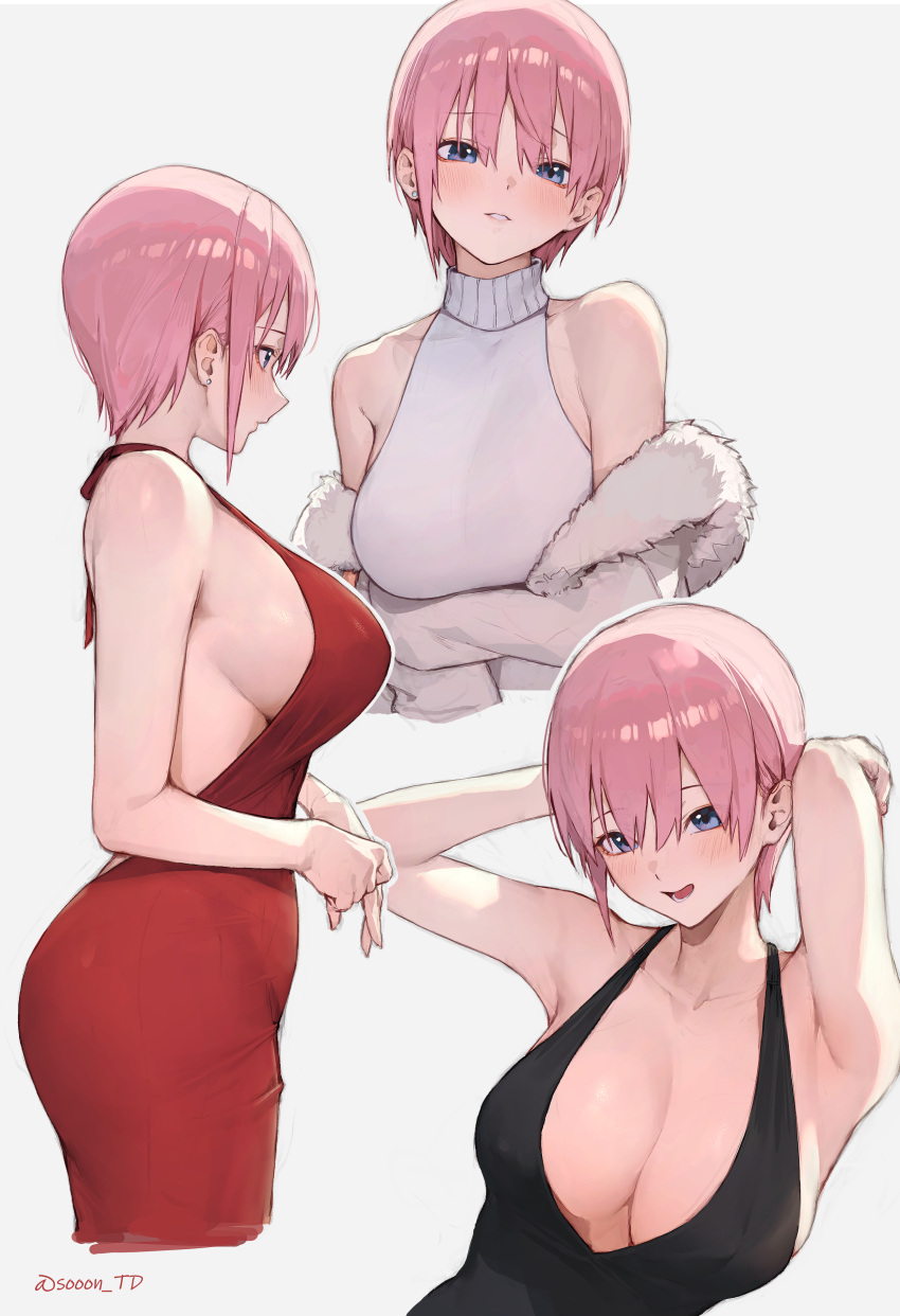 1girl :d absurdres backless_dress backless_outfit bare_arms bare_shoulders black_dress blue_eyes breasts cleavage coat cocktail_dress dress earrings from_side fur-trimmed_coat fur_trim go-toubun_no_hanayome grey_background hair_between_eyes halterneck highres jewelry large_breasts looking_ahead looking_at_viewer multiple_views nakano_ichika off_shoulder parted_lips pink_hair red_dress short_hair sideboob simple_background sleeveless sleeveless_dress sleeveless_sweater smile sooon stud_earrings sweater turtleneck turtleneck_sweater white_coat white_sweater