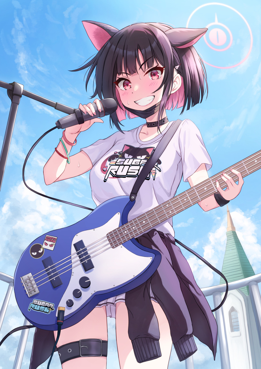 1girl animal_ears black_choker black_hair blue_archive cat_ears choker clothes_around_waist colored_inner_hair cowboy_shot day electric_guitar extra_ears fingernails grin guitar hair_ornament hairclip highres instrument itaba_atsushi jacket jacket_around_waist kazusa_(blue_archive) looking_at_viewer microphone_stand multicolored_hair official_alternate_costume outdoors pink_hair pleated_skirt red_eyes shirt short_hair short_sleeves skirt smile solo white_shirt white_skirt