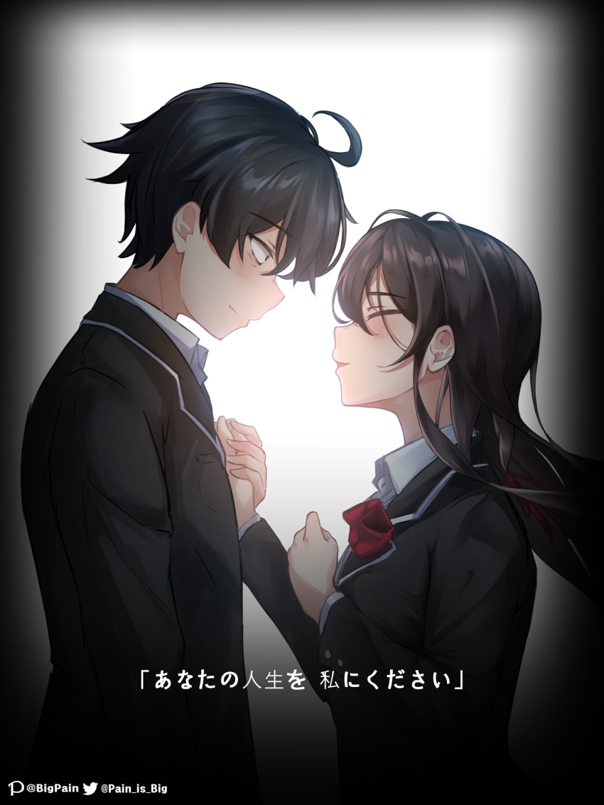 1boy 1girl ahoge artist_name black_hair black_jacket blazer closed_eyes closed_mouth commentary from_side hair_ribbon hand_on_another's_chest highres hikigaya_hachiman holding_hands imminent_kiss jacket long_hair looking_at_another magay96 neck_ribbon profile red_ribbon ribbon school_uniform short_hair sobu_high_school_uniform yahari_ore_no_seishun_lovecome_wa_machigatteiru. yukinoshita_yukino