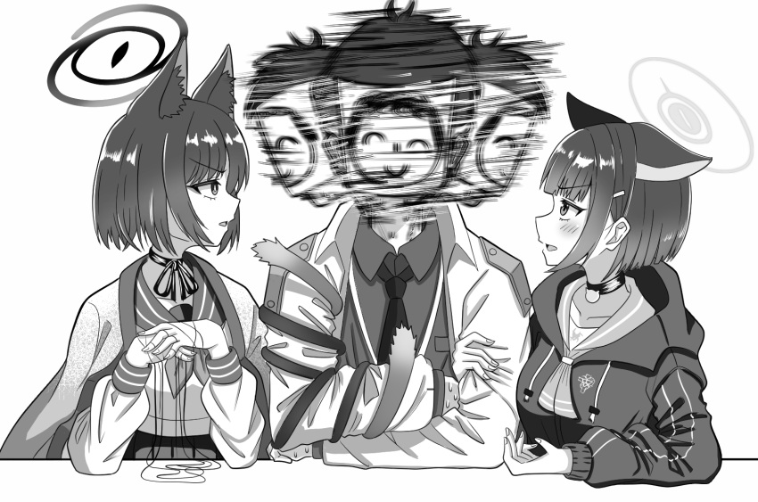 1boy 2girls afterimage animal_ears blue_archive blush cat_ears cat_tail commentary_request doodle_sensei_(blue_archive) girl_sandwich greyscale halo highres hood hooded_jacket jacket kazuri_(keiwa-san_yu-ki380) kazusa_(blue_archive) kikyou_(blue_archive) locked_arms meme monochrome motion_blur motion_lines multiple_girls paper_on_head parody profile sandwiched school_uniform sensei_(blue_archive) serafuku short_hair tail tail_wrap the_weaker_sex_1_(gibson) v-shaped_eyebrows