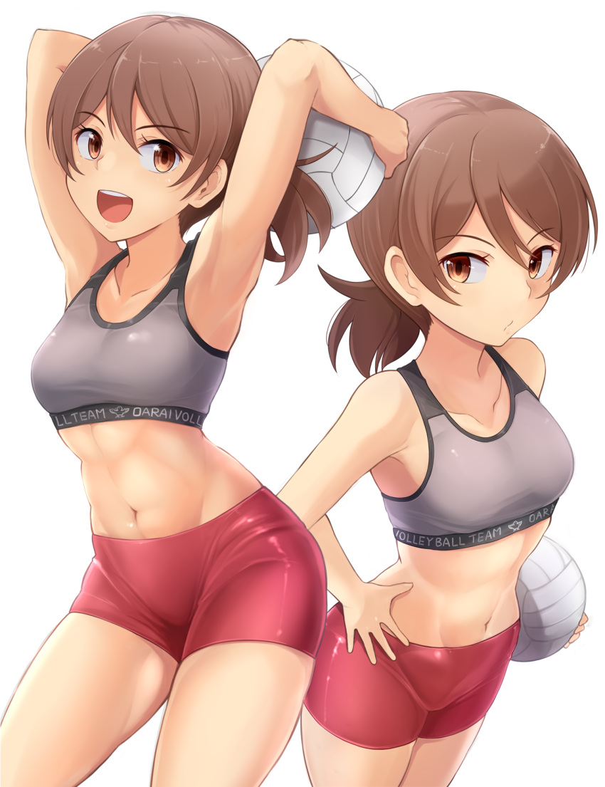 1girl abs arms_behind_head arms_up ball breasts brown_eyes brown_hair closed_mouth collarbone commission girls_und_panzer grey_sports_bra hand_on_own_hip highres holding holding_ball kawanishi_shinobu kitayama_miuki medium_breasts navel open_mouth short_hair simple_background skeb_commission smile solo sports_bra teeth upper_teeth_only volleyball white_background