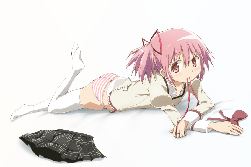 1girl ass black_skirt blush commentary_request foot_up hair_ornament hair_ribbon jewelry kaname_madoka kinfuji looking_at_viewer lying mahou_shoujo_madoka_magica mahou_shoujo_madoka_magica_(anime) mitakihara_school_uniform mouth_hold on_stomach panties pink_eyes pink_hair revision ribbon ribbon_in_mouth ring school_uniform shirt short_twintails skirt smile solo striped_clothes striped_panties thighhighs twintails undershirt underwear unworn_skirt white_shirt white_thighhighs
